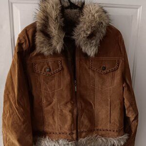 Misdemeanor Jacket Coat 100% Leather Shell Size L Faux Fur Trim Zip up Y2K